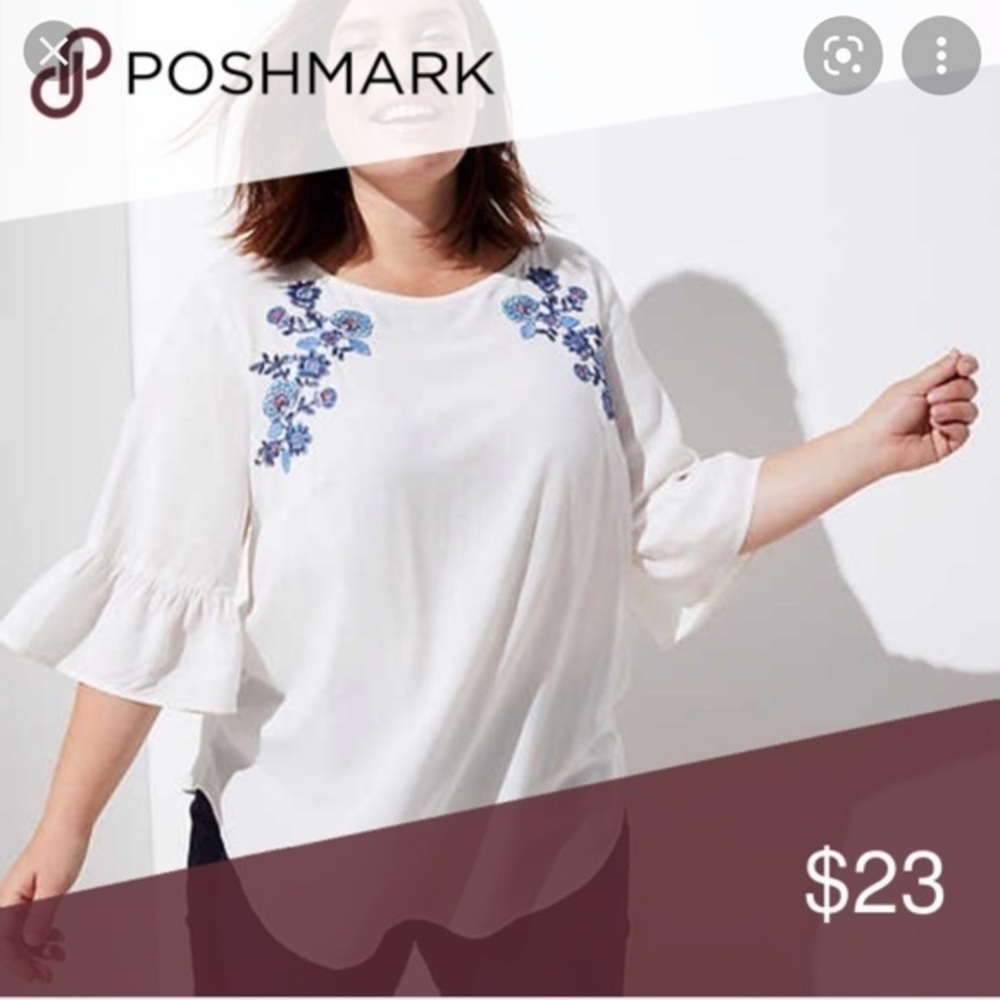 Loft Floral Embroidered Ruffle Cuff Top - Picture 4 of 8